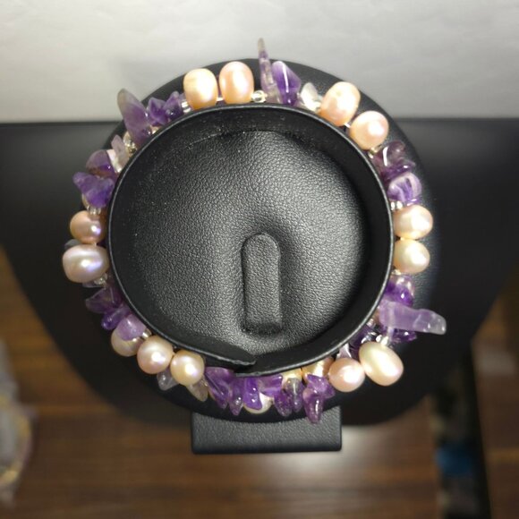 Amethyst & Freshwater Pearl Stretch Bracelet - Purple & Pink Beaded - Picture 3 of 7